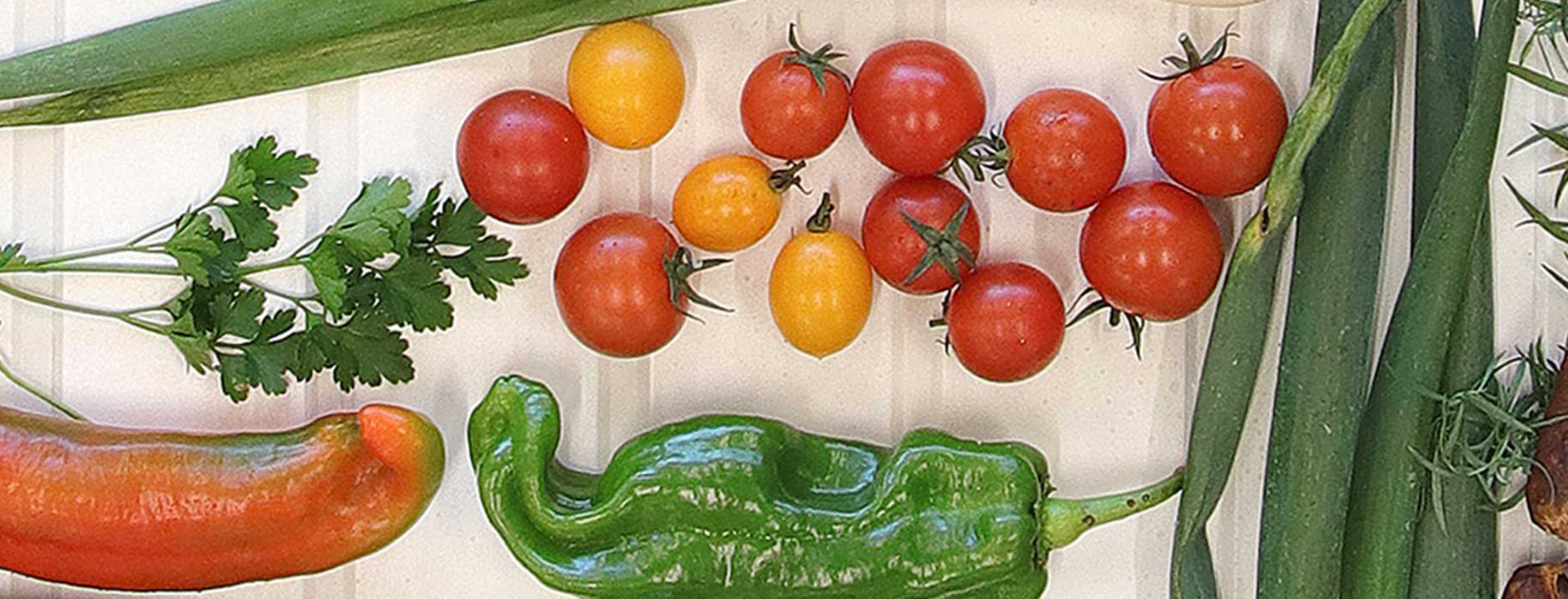 Ett bildmontage av tomater, paprikor, fik och lök fotograferat uppifrån.