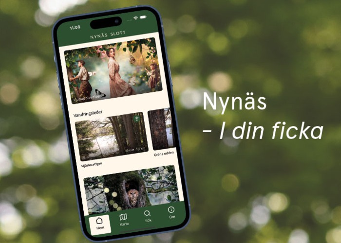 Mobil med färgglada bilder och texten "Nynäs i din ficka"