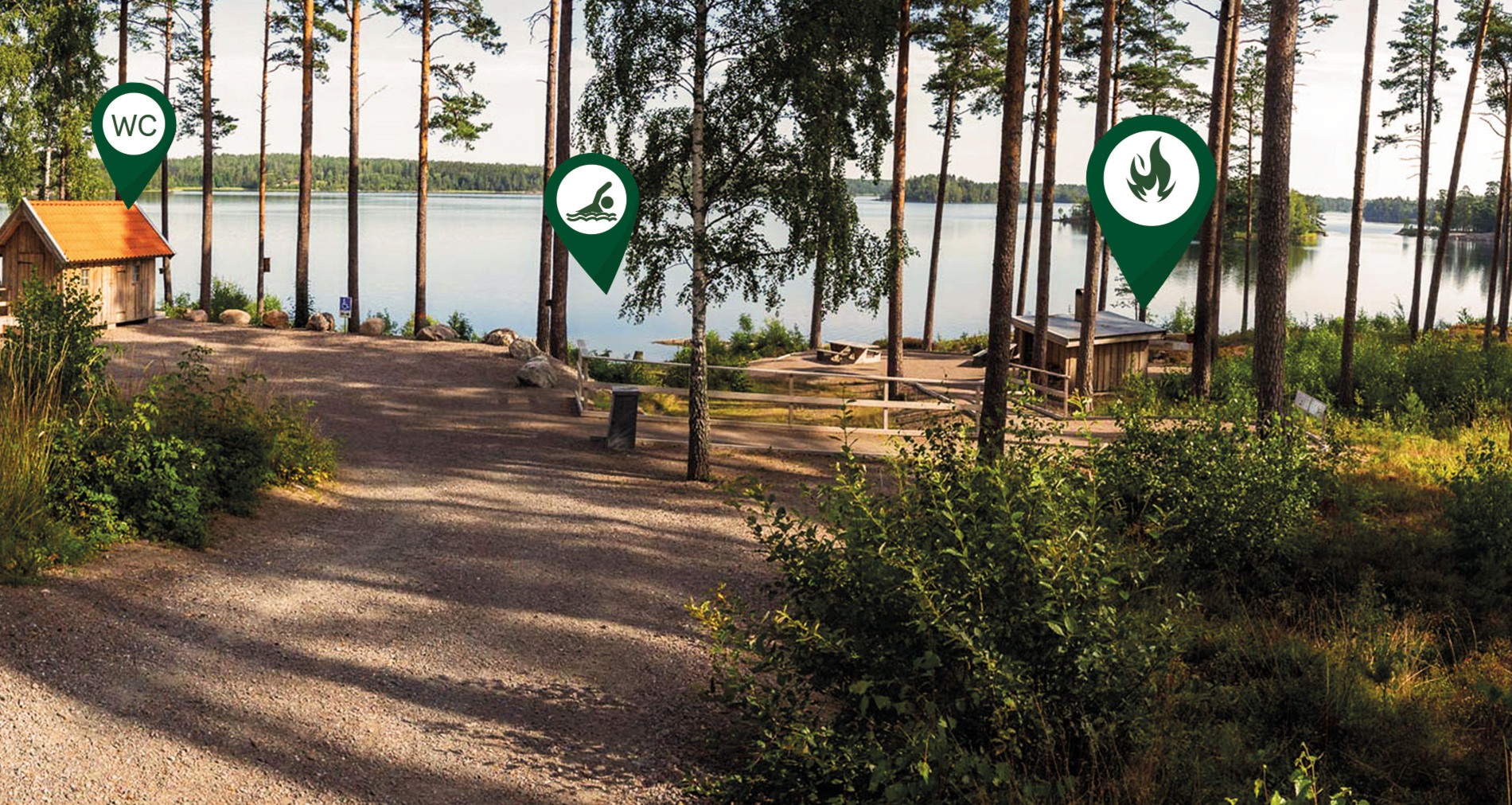 En naturbild med gröna infopins.