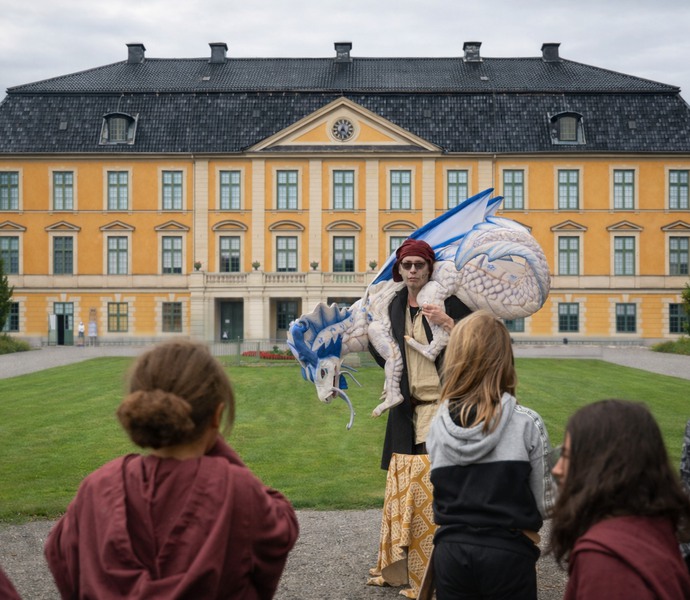 Utklädd person går framför Nynäs slott med en drake på sina axlar.